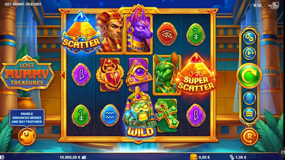 Tampilan visual slot Lost Mummy Treasures dengan simbol dewa Mesir dan kuil misterius