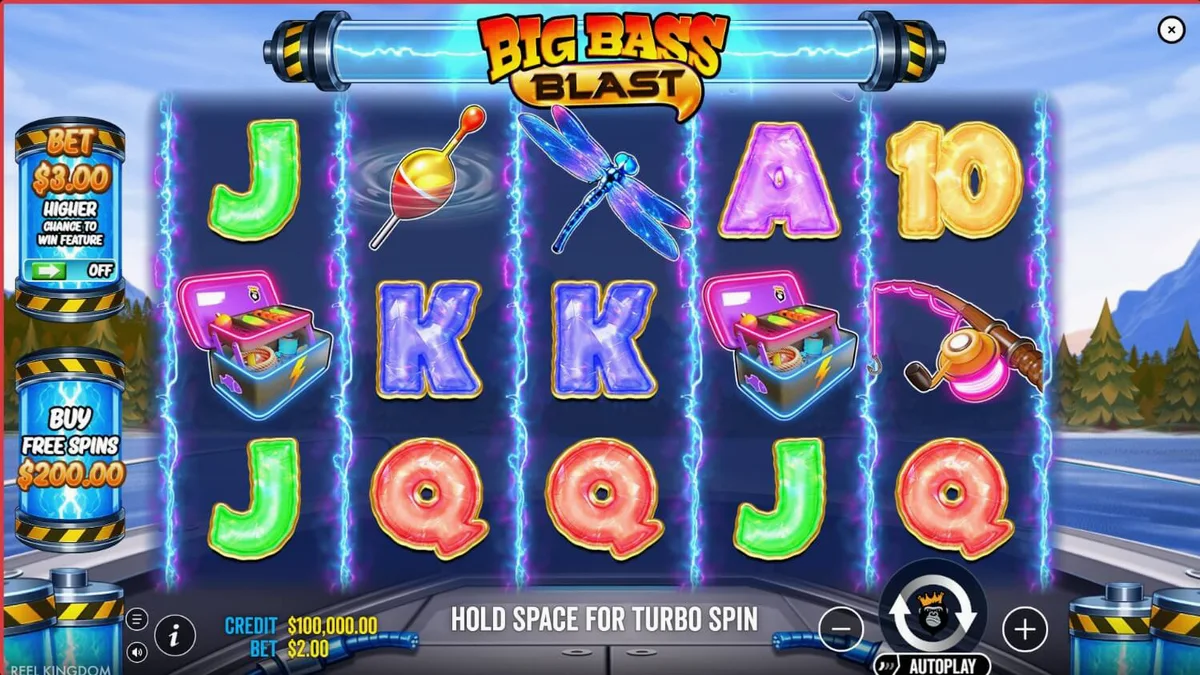 Tampilan visual futuristik dari slot Big Bass Blast dengan elemen listrik dan tema memancing
